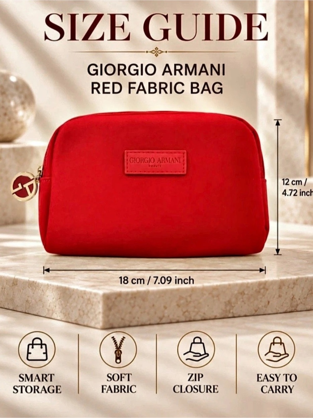 Giorgio Armani Beauty Red Textured Fabric Zip Makeup Bag